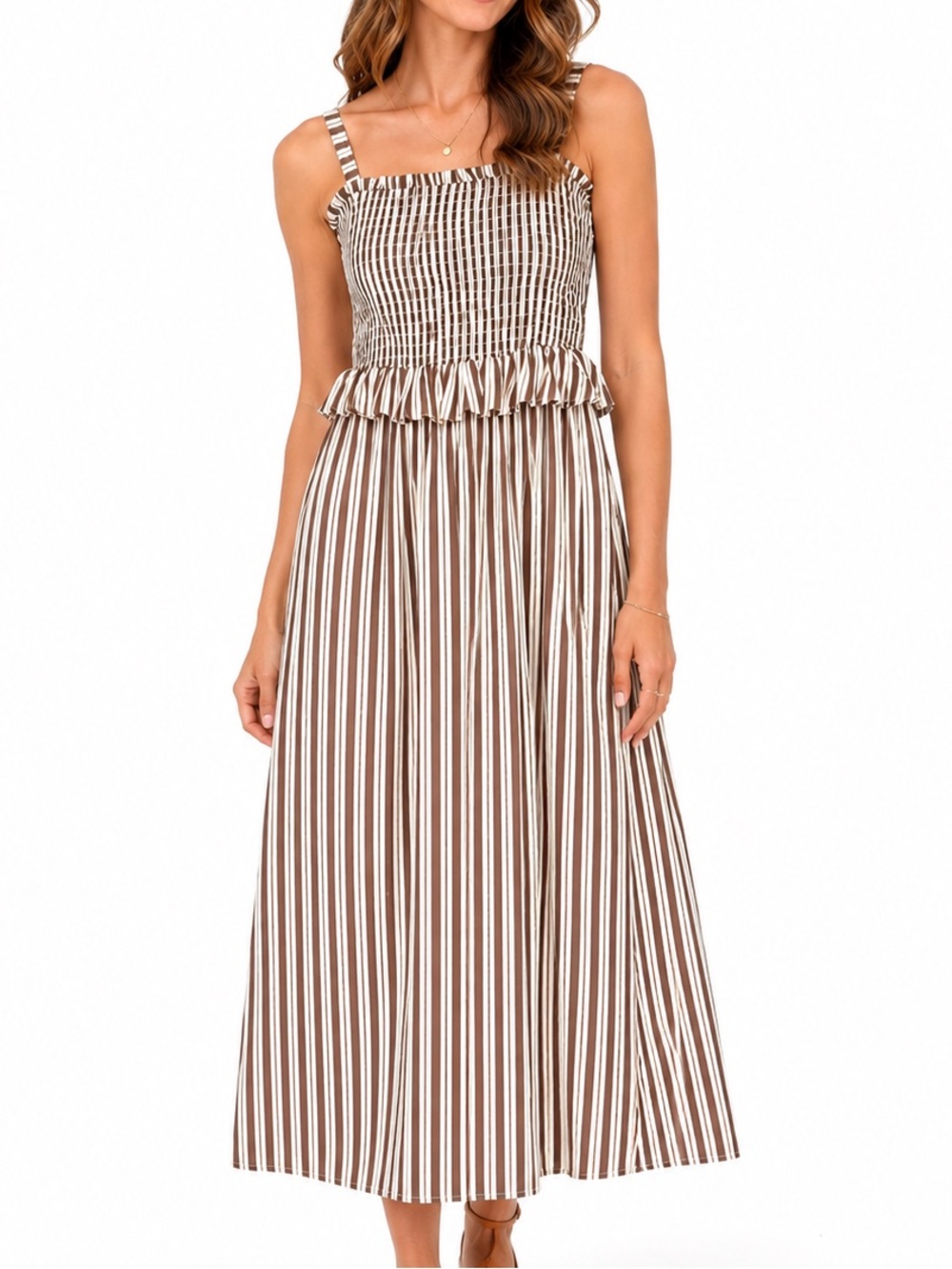 Market & Spruce Taylor Poplin Smocked Stripe Midi Dress Brown Cream Medium NWT